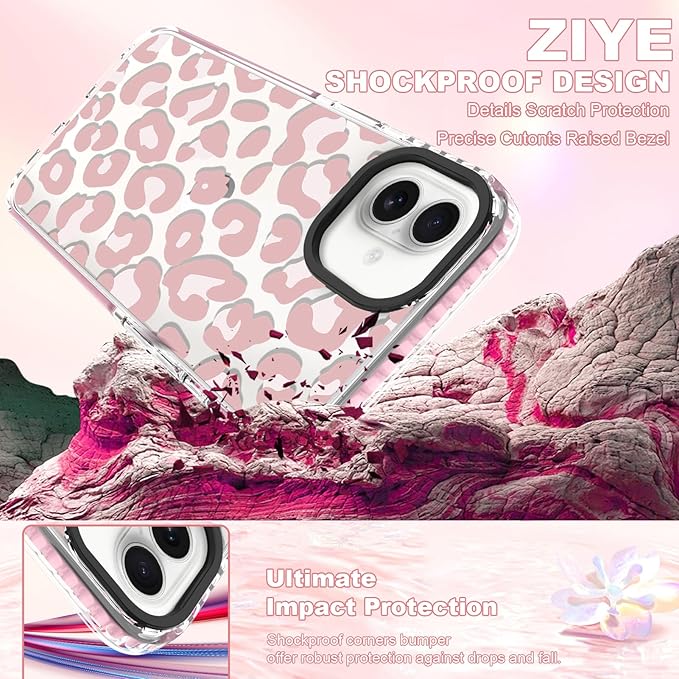 ZIYE Clear Case for iPhone 16 Phone Case Pink Leopard Design Shockproof Soft TPU Bumper Protective for Women Girls Girly Cute Cover