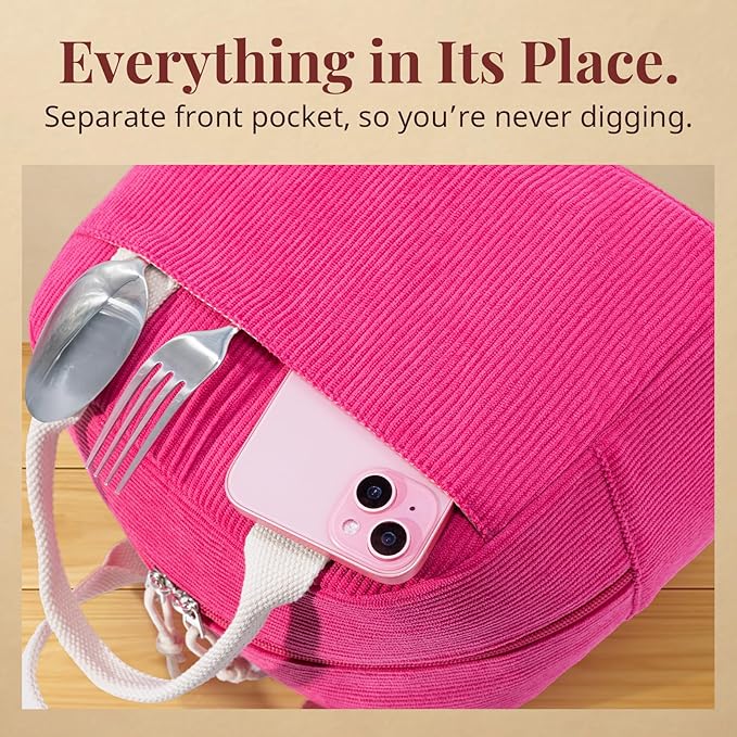 Insulated Lunch Bag for Women Men, Stylish Corduroy Tote Bag with Aluminum Lining, Large Capacity Reusable Cooler for Work, Travel, or Beach, Berry Red Lunch Box