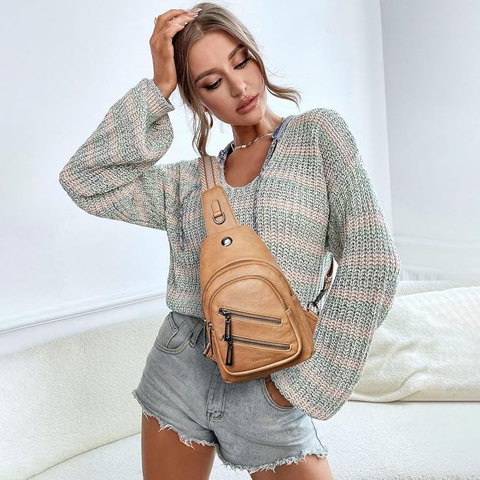 7L Sling Bag For Women Faux Leather Anti Theft Small Casual Daypack Backpack Fanny Pack Crossbody Chest Bags Purse Waterproof Tan