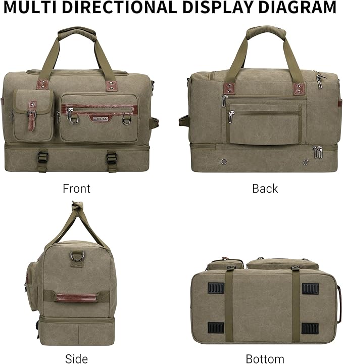 WITZMAN Canvas Weekender Bag Mens Overnight Bag for Traveling Carry on Duffle Bags with Shoes Compartment(A8010 Army Green)
