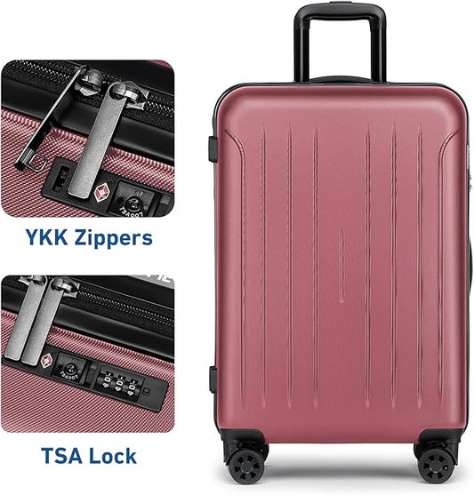 KYME Suitcase Hardshell With Double Spinner Wheels, PC+ABS TSA Lock Travel Luggage (Berry Red, 24" Checked)