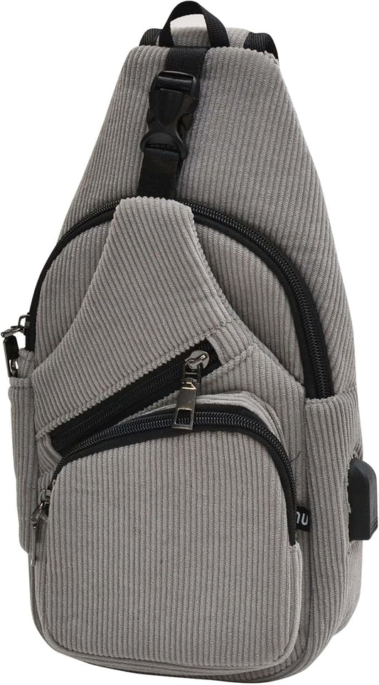 Anti-Theft Daypack Crossbody Sling Backpack, USB Charging, Lightweight Day Pack for Travel, Hiking, Everyday, Regular, Gray Corduroy