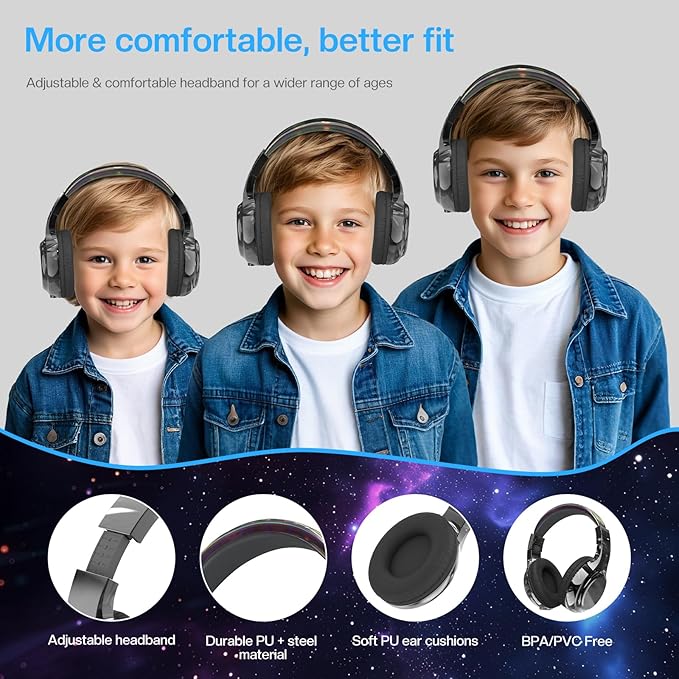 QearFun Kids Bluetooth 5.3 Headphones, Wireless Metallic Gradient Headset, Lightweight Foldable On Ear Headphones with Aux Cord, Fast Charging, Built-in Mic, for School/Travel/Tablet/iPad