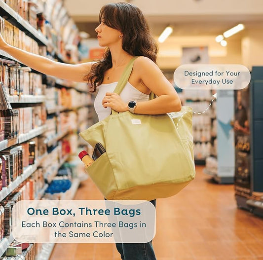 Nook Theory 3 Pcs Reusable Grocery Bags - Heavy Duty Canvas Bag, Large Grocery Tote for Shopping, Picnic, and Daily, 100% Cotton (Army)