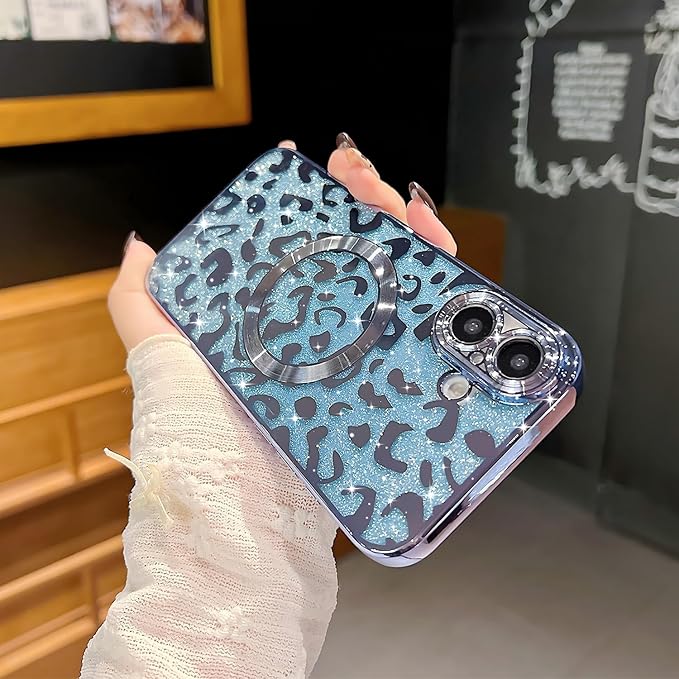 for iPhone 16 Case Magnetic,Soft Cute Luxury Leopard Cheetah Pattern Plating Glitter Bling Phone Case Compatible with MagSafe Clear Shockproof Back Cover for Women Girl 6.1"-Blue