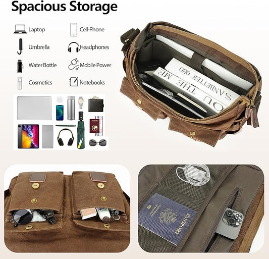 Messenger Bag for Men, 15.6 Inch Laptop Bag, Water-resistant Waxed Canvas Messenger Bag, Vintage Computer Satchel Briefcase for School Work Travel (Vintage Brown)