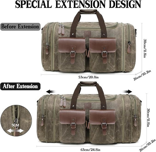 Waxed Canvas Duffle Bag for Men 50L Travel Duffel Bags Expandable Genuine Leather Duffel Overnight Weekender Carry On Bag Two Zipper Pockets Travel Bag (Vintage Grey, Large-50L)