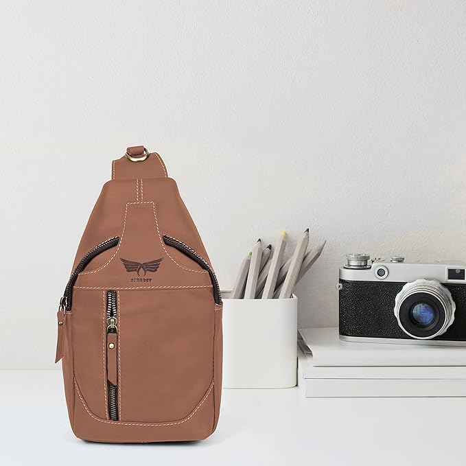 Leather Cross-body Sling Bag Casual Daypack Backpack Chest Shoulder Multi-Purpose Timeless Design Small Men (Light Brown)