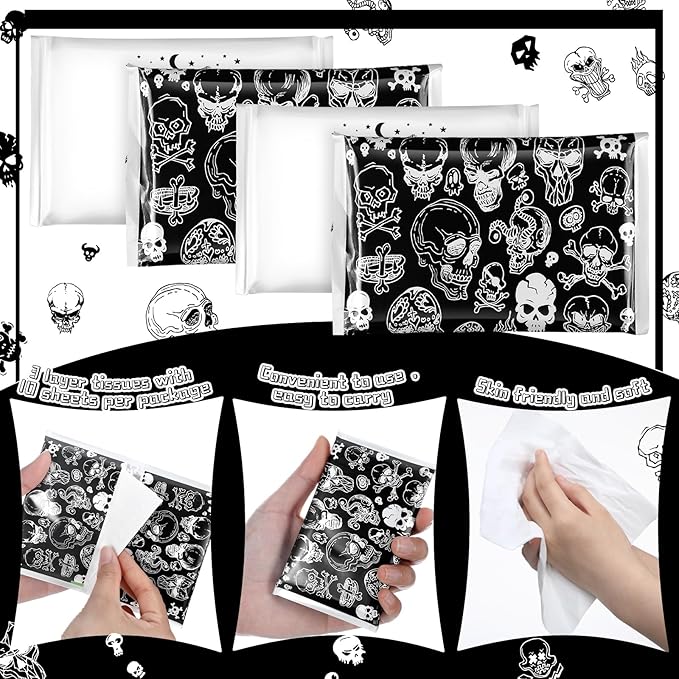 50 Pack Halloween Skull Pocket Tissues Individual Packs Gothic Skeleton Dancing Pocket Facial Bulk 3 Ply Wallet Travel Tissues for Halloween Party Supplies