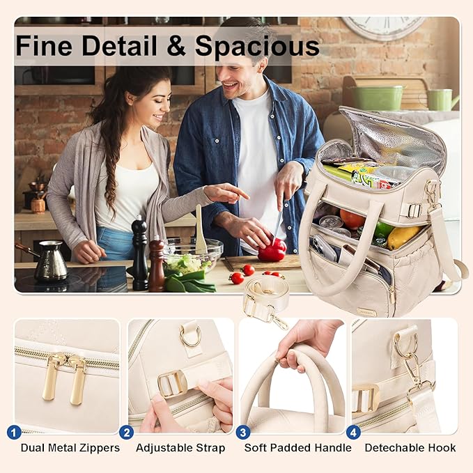 Weitars Lunch Bag for Women Men,Double Deck Lunch Box for Women,Quilted Lunch Tote for Work,Insulated Lunch Cooler Leakproof Lunchbox for Adult with Shoulder Strap &Pockets for Picnic Hiking (Beige)