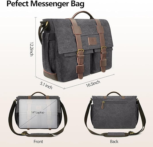 Messenger Bag for Men,13-14-15.6 Inch Laptop Bag, Vintage Heavyweight Canvas Satchel Bag, Leather Briefcase for School Work Travel (Grey)