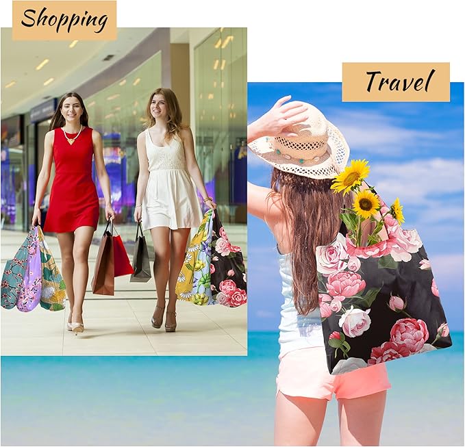 BeeGreen Floral Foldable Grocery Reusable Bags Large Shopping Tote for Groceries Cute Cloth Bags With Handles Gift Bag Groceries Tote -bag Bulk Polyester Heavy Duty Holiday