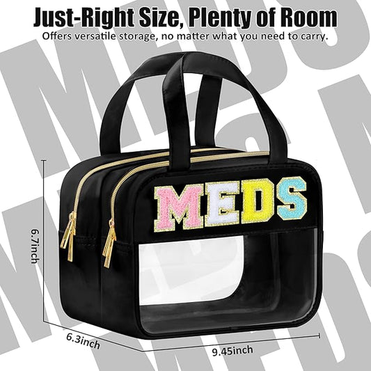 Chenille Letter Clear Medicine Makeup Bag for Travel, Preppy Patch Nylon Cosmetic Meds Pouch with Handles and Zipper, Waterproof Large Travel Toiletry Bag Storage Case for Women Black