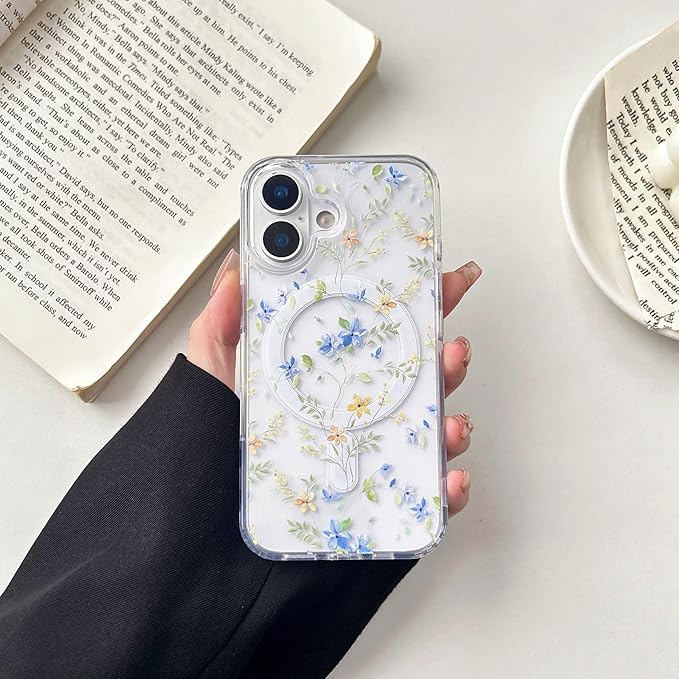 ZTOFERA for iPhone 17 Magnetic Case Compatible with Magsafe,Aesthetic Floral Pattern Design Cute for Girl Women,Anti-Drop Protective Hard Phone Cover for iPhone 17-Blue Flower