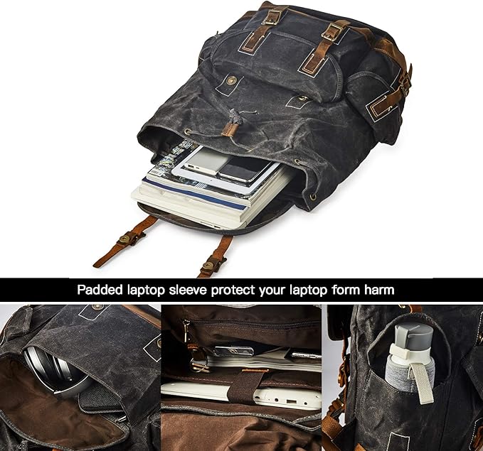 Heavy Duty Waxed Canvas Vintage Backpack for Men Women Trim Casual 15.6" laptop Bookbag Travel Rucksack Shoulder Rucksack for Travel