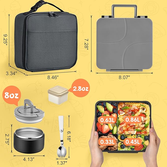 MAXSO Bento Lunch Box Set with 8 oz Soup Thermo, Kids Leakproof 4 Compartments Hot Food Container with Sauce Cup, Ice Pack and Lunch Bag, Child Insulated Food Jar for School - Black