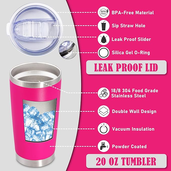 20 oz Tumbler Coffee Tavel Tumblers Bulk with Lid Stainless Steel Double Wall Vacuum Insulated Mug Powder Coated Cups fit Car Cupholder for Hot and Cold - Hot Pink, 12Pack