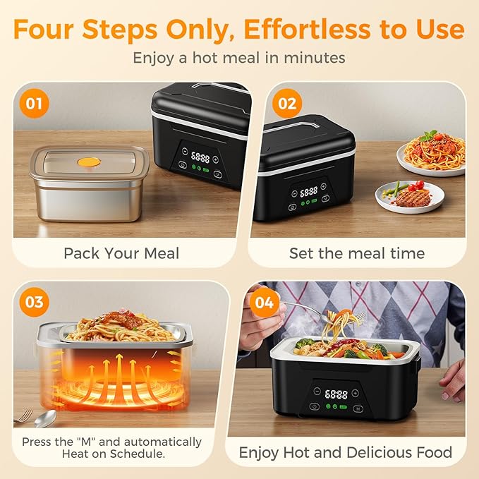 Cordless Heated Lunch Box for Adults, 1.5L (6 Cups) Portable Electric Lunch Box Battery Powered with Scheduled Heating, (All-round Heated) Rechargeable Food Warmer with Insulated Bag, Black