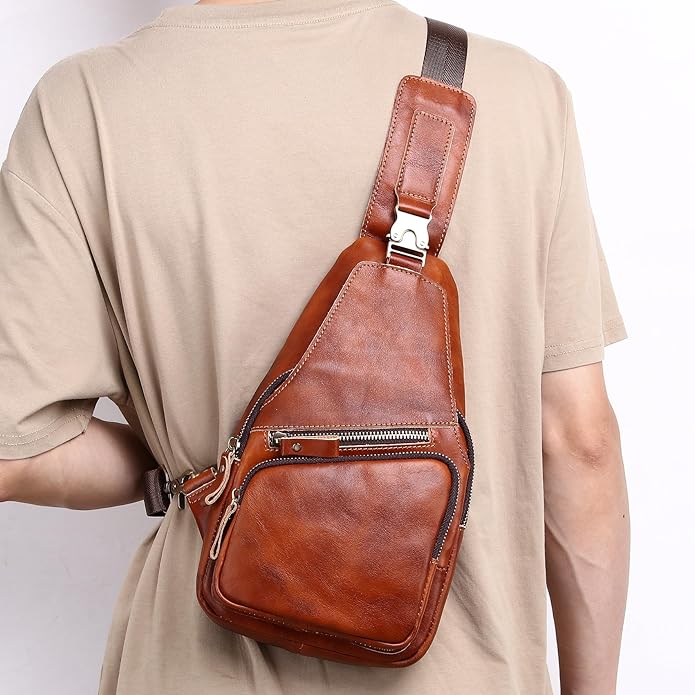 Genuine Leather Sling Bag for Men Women Backpack Chest Shoulder Satchel Crossbody Bags Casual Outdoor Daypack