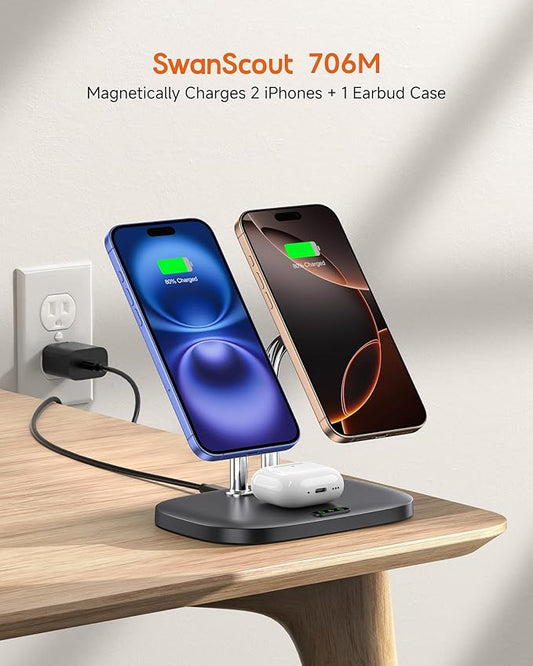 Wireless Charger for iPhone Air/17, SwanScout 706M, Dual Magnetic Charger for iPhone 16/15/14/13/12 Series, Charging Station for AirPods Pro 3/2, AirPods 4/3rd (Black)