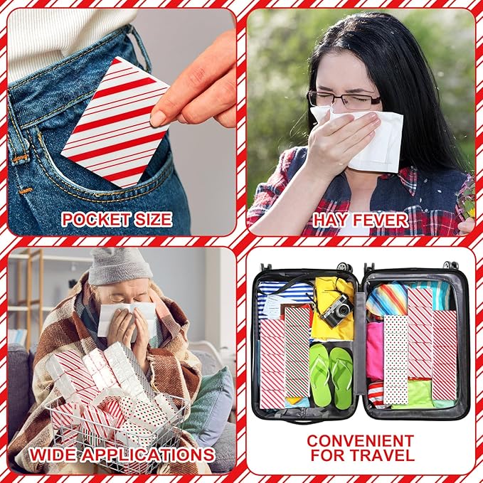Ctosree 50 Pack Christmas Pocket Tissues Candy Cane Travel Packs Bulk 500 Sheet Small Facial Individual Tissues Pocket Packs 3 Ply Mini Travel Size for School Outdoor Camping
