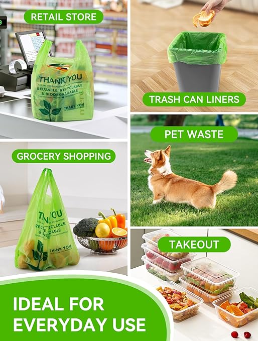 500 Count Recyclable Compostable 100% Biodegradable T-Shirt Bags, Eco-Friendly Grocery Shopping Bags, 11.5" x 6.25" x 21", 16 Mic