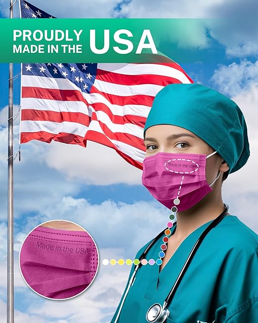 Disposable Face Masks Made in USA, 4 Ply for Families, Students, Breathable All-Day Wear & Safety, FSA HSA Eligible, ASTM Level 3 Medical Grade, 50 Pack, Rose Red