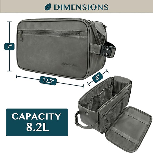 PAVILIA Toiletry Bag for Men, Travel Essentials Shaving Dopp Kit, Mens Travel Bag Toiletries Organizer Case for Grooming, PU Leather Water Resistant Cosmetic Bag Pouch (XL, Dark Grey)