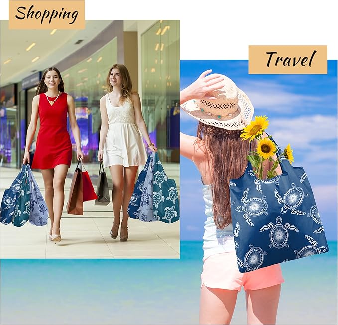 BeeGreen Sea Turtle Reusable Grocery Bags Large Tote Bag With Handles, Bulk Gift Foldable Shopping Bags for Women 6 Pack, Cute Cloth Bag, Heavy Duty, Washable For Beach, Holiday, Travel And Groceries