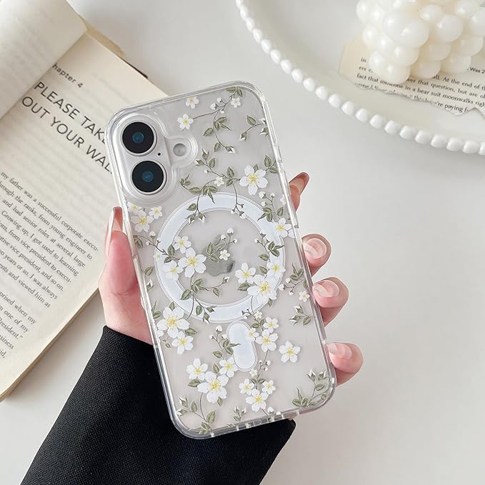 ZTOFERA for iPhone 17 Magnetic Case Compatible with Magsafe,Aesthetic Floral Pattern Design Cute for Girl Women,Anti-Drop Protective Hard Phone Cover for iPhone 17-Big White Flower