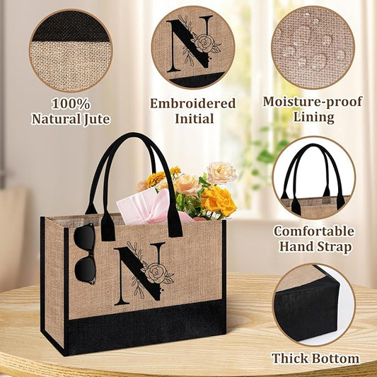 AYGE Personalized Initial Jute Tote Bag & Makeup Bag, Beach Bag, Monogrammed Birthday Gifts for Women Sister Mom Bridesmaid