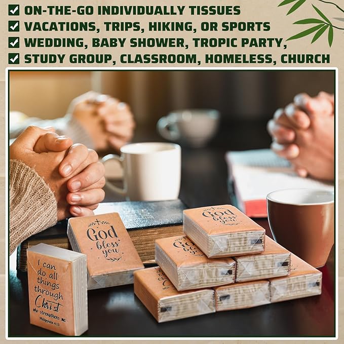 Ctosree 50 Pack Christian Pocket Tissues Bible Verse Travel Packs Bulk 500 Sheet Small Tissues Pocket Packs 3 Ply Mini Travel Size Individual Religious Party Favor