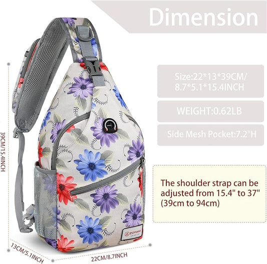 ZOMAKE Sling Bag,Small Crossbody Sling Backpack,Water Resistant Shoulder Daypack for Travel,Anti Thief Chest Bag for Hiking(Color Chrysanthemum)