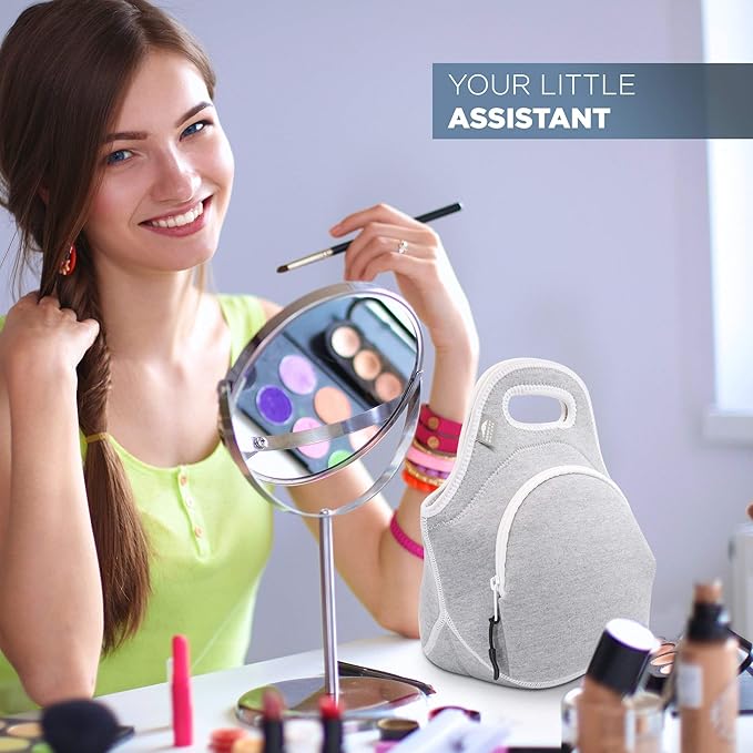 Nordic By Nature Insulated Neoprene Lunch Bag, Soft & Foldable Washable & Reusable Extra-Pocket (M) Light Gray