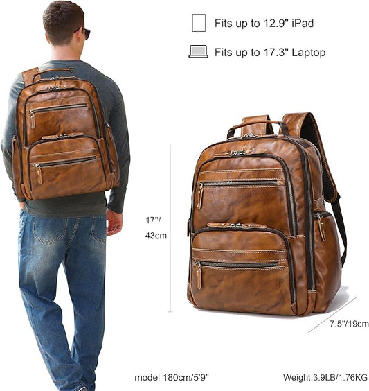 Vintage Full Grain Leather Backpack For Men, 17.3'' Laptop Bag Causal Rucksack Shoulder Bag Overnight For Business/Travel/Camping