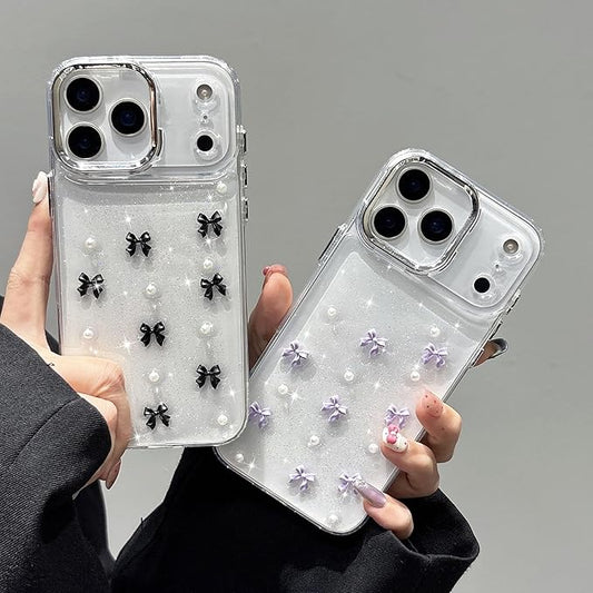 EYZUTAK Case for iPhone 17 Pro, Bling Glitter 3D Bowknot Phone Case Cute Sparkly Crystal Clear Bow Aesthetic Design Cover Slim Soft Durable TPU Transparent Protective Cover for Women Girl - Black Bow