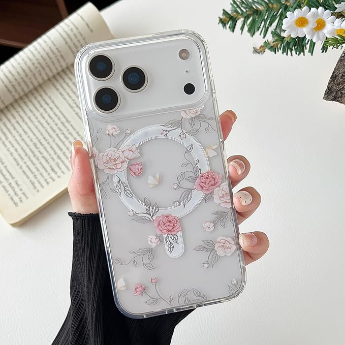 ZTOFERA for iPhone 17 Pro Magnetic Case Compatible with Magsafe,Aesthetic Floral Pattern Design Cute for Girl Women,Anti-Drop Protective Hard Phone Cover for iPhone 17 Pro-Pink Rose
