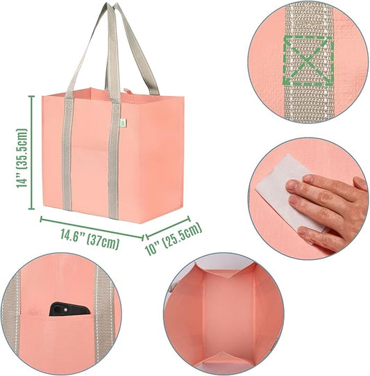 VENO 4 Pack Reusable Grocery Bags, Heavy-Duty Shopping Bags with Handles and Hard Bottom to Stand Upright, Foldable, Multi-Purpose, Sustainable (Peach Pink, 4 Pack)
