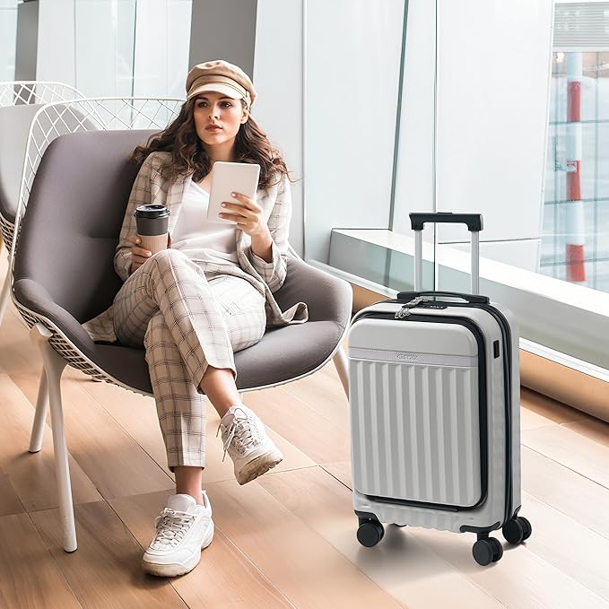 Merax Luggage Sets Front Opening, 2 Piece Hardshell Suitcase with Spinner Wheels and Bags,Lightweight Carry on Luggage with USB Port,20+24,White Grey