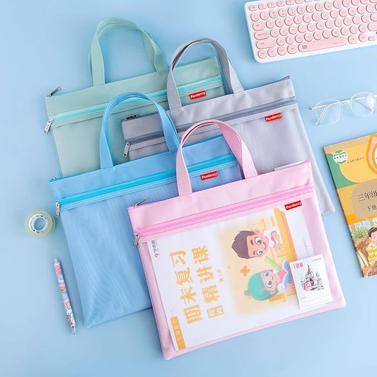 Pendancy Mesh Zipper Pouch 11x13.7 in, Large Double Pocket Waterproof File Bag with Handle, A4 Size Foldable Document Storage for Puzzle Project/Cross Stitch/Travel/Office(Gray)