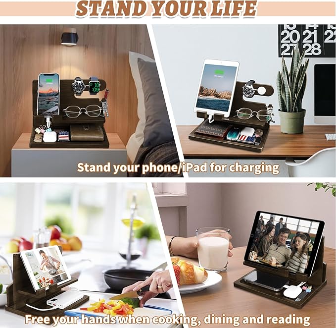 Gifts for Men Wood Phone Docking Station for Men Nightstand Organizer Gifts for Dad Charging Station Cell Phone Stand Desk Organizer Gifts for Husband Boyfriend Brother Son (Grey)