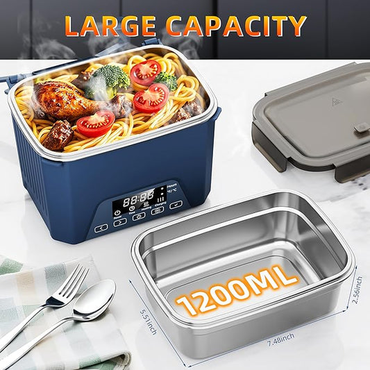 Cordless Electric Lunch Box, 1.2L Self Heating Lunch Box Battery Powered with Automatic Heating, BPA Free, Meal Prep Friendly (Blue)