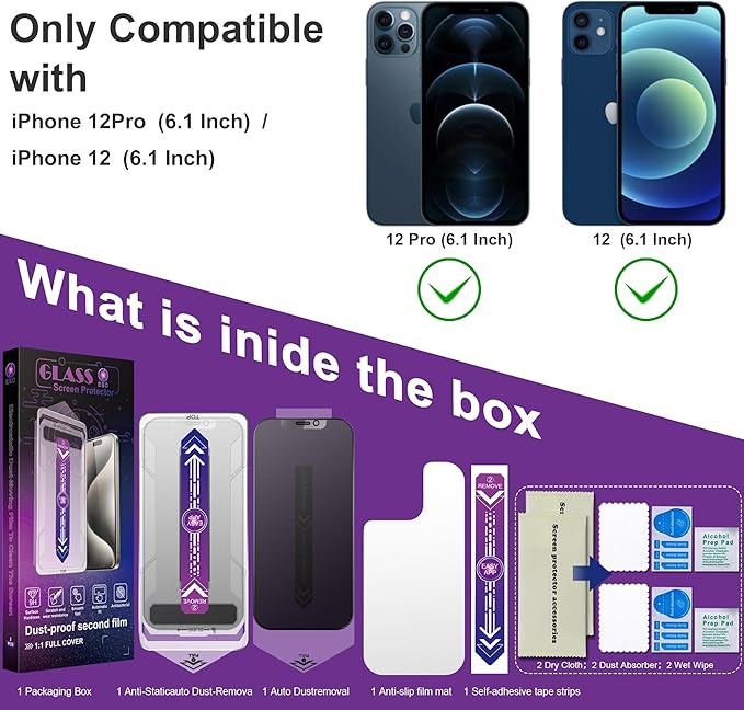 2 Pack Matte Privacy Screen Protector for iPhone 12 Pro/iPhone 12, 9H Tempered Glass, Full Coverage, Anti-Fingerprint, Auto Dust-Elimination, No Bubble, Easy Installation