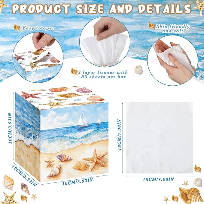 12 Pack Summer Ocean Shells Facial Tissues Cube Boxes 600 Sheets 3 Ply Small Sea Face Tissues Bulk for Summer Car Bedroom Supplies