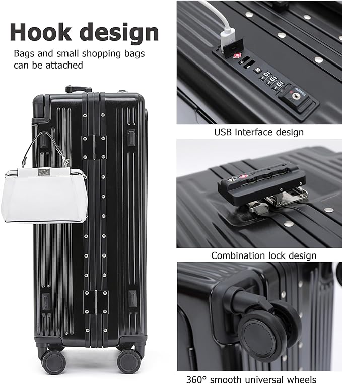 feilario 20" Aluminium Frame Hardside PC Carry on Luggage - Wide Handle Double Spinner Wheels Suitcase with TSA lock