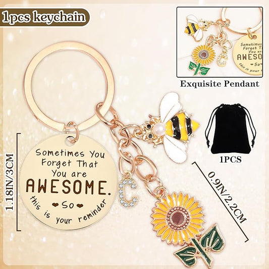 Inspirational Gifts for Women, Friendship Keychain with Sunflower, Initial Bee Accessories Motivational Keyring Present