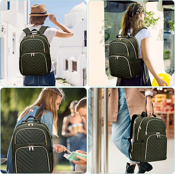 Travel Laptop Backpack, School Backpack for Teen Girls Boys,15.6 Inch Large Quilted College Bookbag for Women Men with USB Charging Port, Army Green