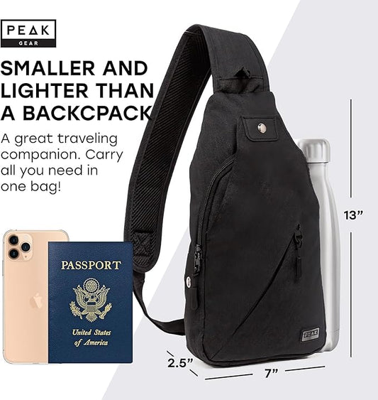 Peak Gear Travel Sling Bag. Compact Crossbody Bag | Lighter and Smaller than a Backpack | Lifetime Lost & Found ID Tag