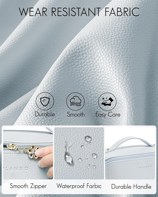 Vlando Makeup Bag,Large Capacity Toiletry Bag for Women Waterproof Portable Make up Pouch PU Leather Open Flat Cosmetic Bag(Baby Blue)
