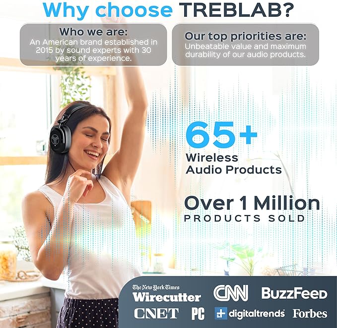 TREBLAB U5 - Hybrid Active Noise Cancelling Headphones Over-Ear, Deep Bass, 55H Battery, Mic for Calls, Bluetooth 5.3, Water-Resistant IPX4, Wireless Headphones Foldable for Travel, Gym, Work, Sports